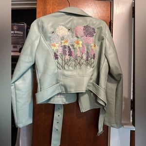 Vegan embroidered sage green leather jacket